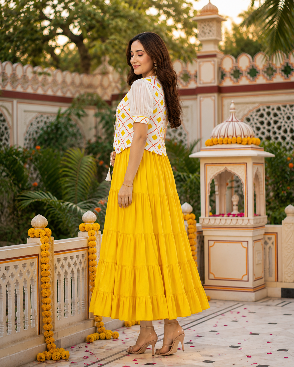 Indianvirasat Sunshine Meher Maxi Dress featuring vibrant patterns and flowing fabric, perfect for elegant summer occasions.