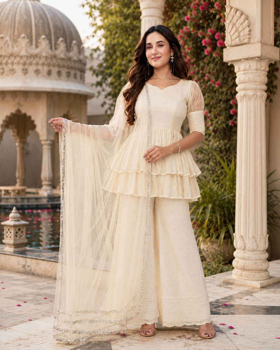 Indianvirasat Moonlight Sharara Set with intricate embroidery, featuring a long kurta and matching flared sharara pants.