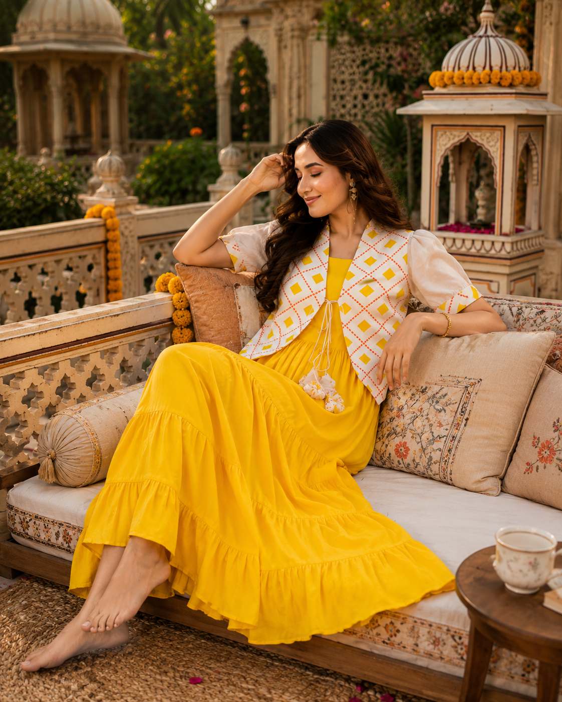 Indianvirasat Sunshine Meher Maxi Dress with vibrant floral print, flowing fabric, and elegant design for summer occasions.