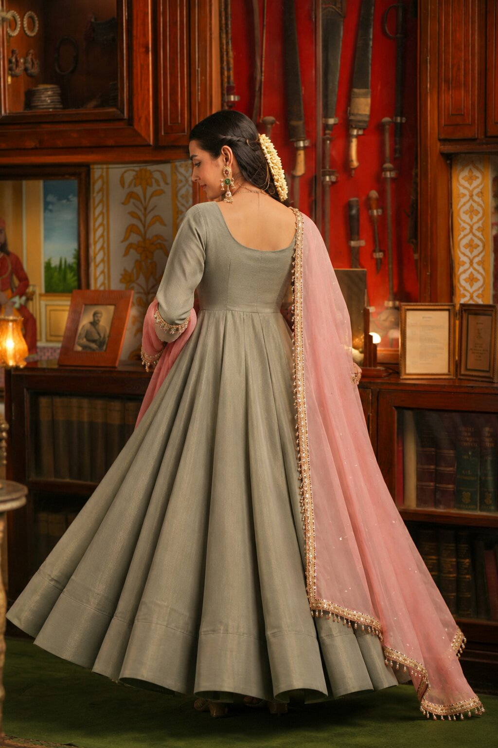 Gul-e-Shaam Sage Grey Anarkali Suit Set
