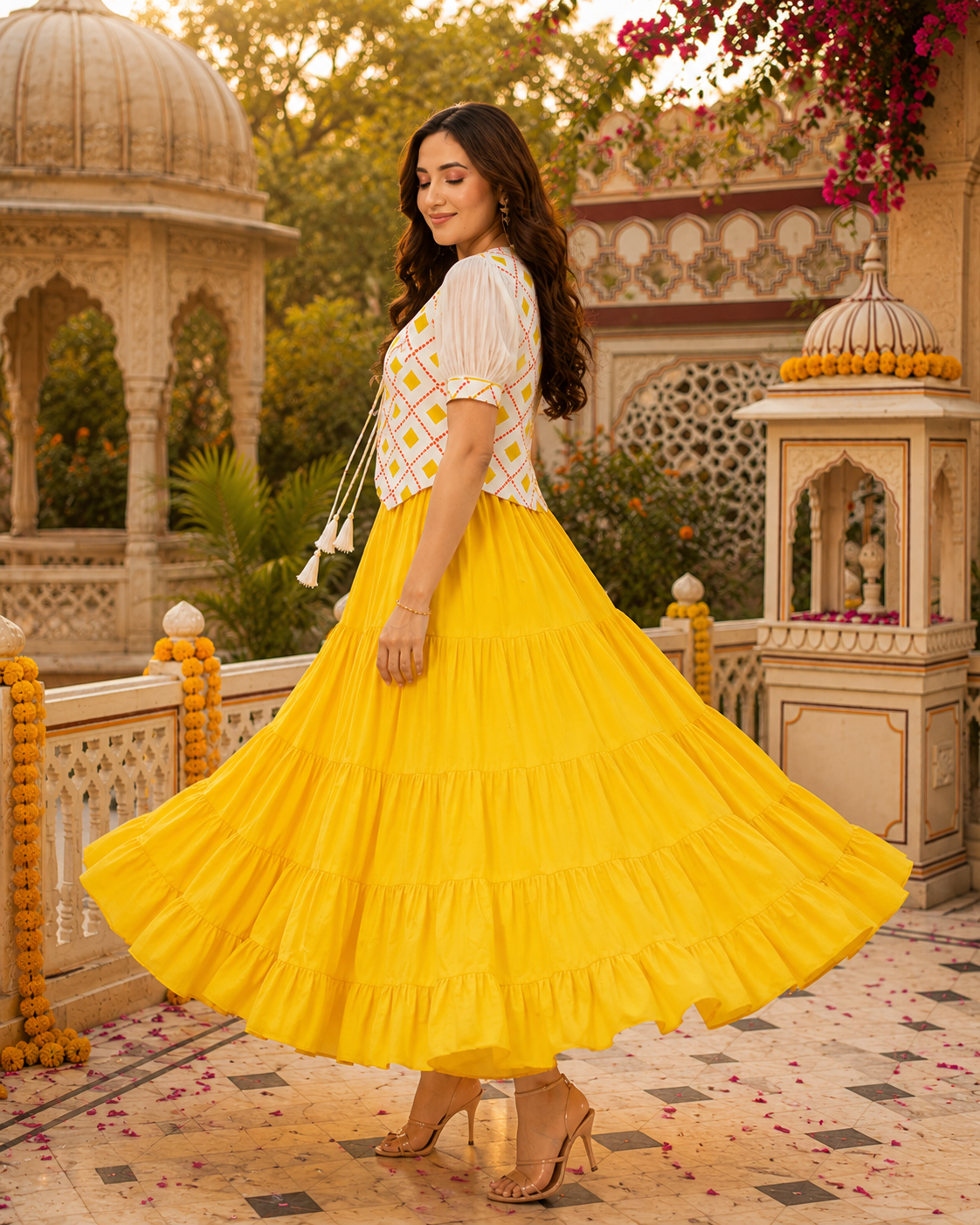 Indianvirasat Sunshine Meher Maxi Dress featuring vibrant, flowing fabric with intricate patterns and a stylish, elegant silhouette.