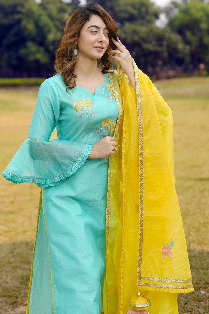Mint Green Embroidered Suit Set With Gold Dupatta