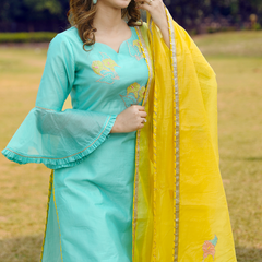 Mint Green Embroidered Suit Set With Gold Dupatta
