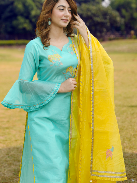Mint Green Embroidered Suit Set With Gold Dupatta