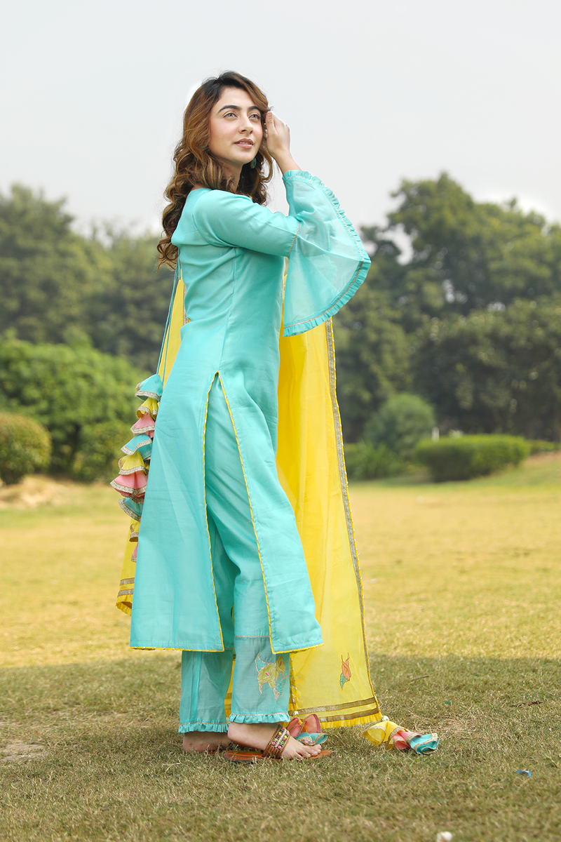 Mint Green Embroidered Suit Set With Gold Dupatta