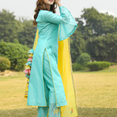 Mint Green Embroidered Suit Set With Gold Dupatta