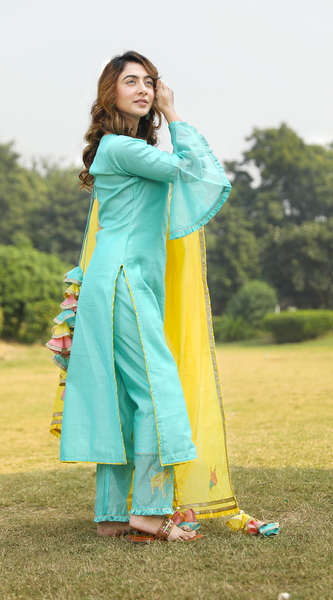 Mint Green Embroidered Suit Set With Gold Dupatta - Indianvirasat