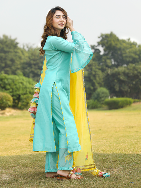 Mint Green Embroidered Suit Set With Gold Dupatta