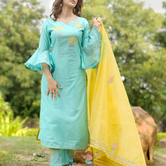 Mint Green Embroidered Suit Set With Gold Dupatta
