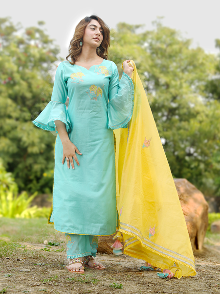 Mint Green Embroidered Suit Set With Gold Dupatta