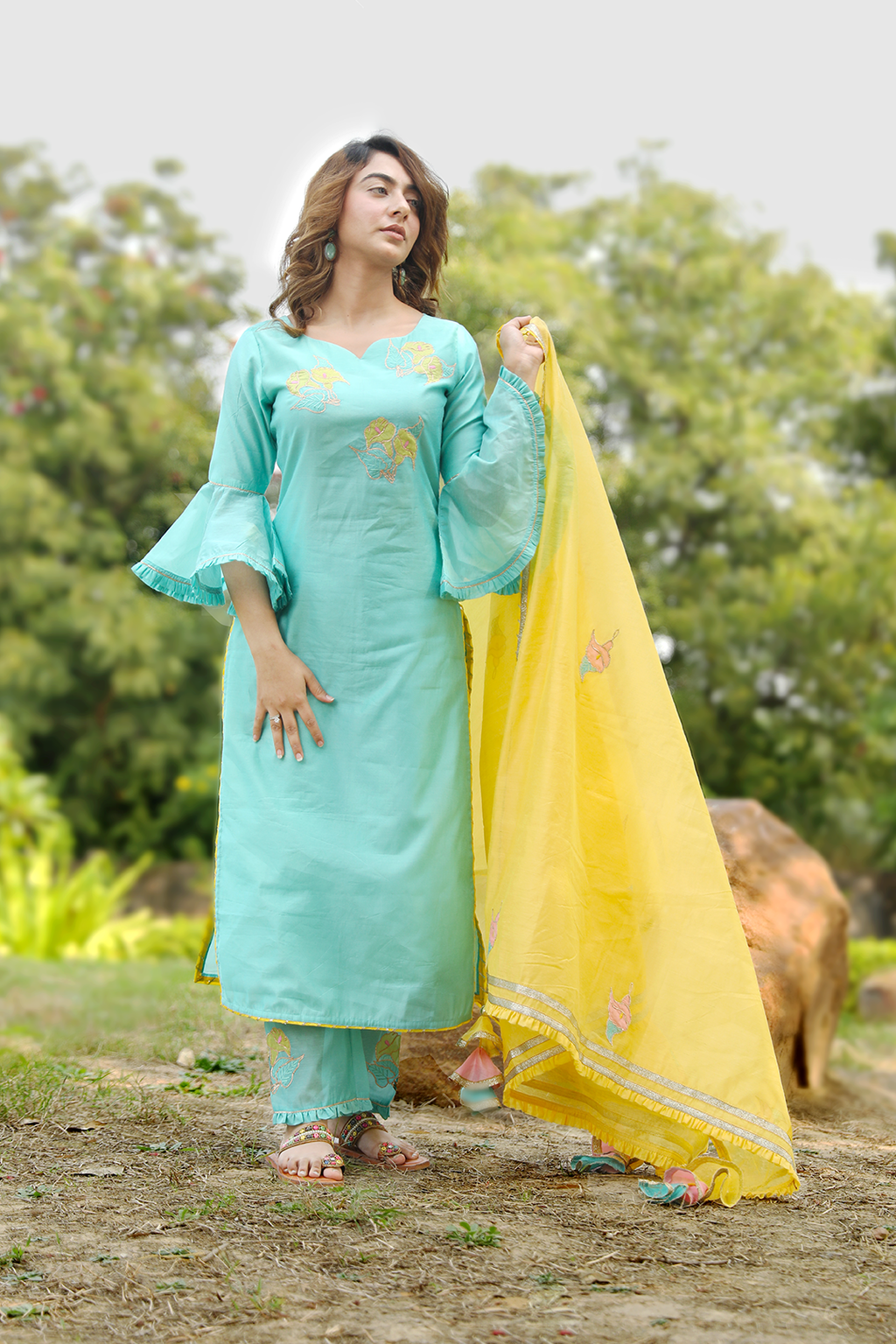 Mint Green Embroidered Suit Set With Gold Dupatta - Indianvirasat
