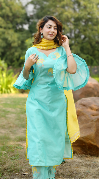 Mint Green Embroidered Suit Set With Gold Dupatta - Indianvirasat