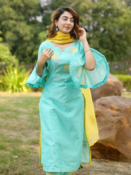 Mint Green Embroidered Suit Set With Gold Dupatta