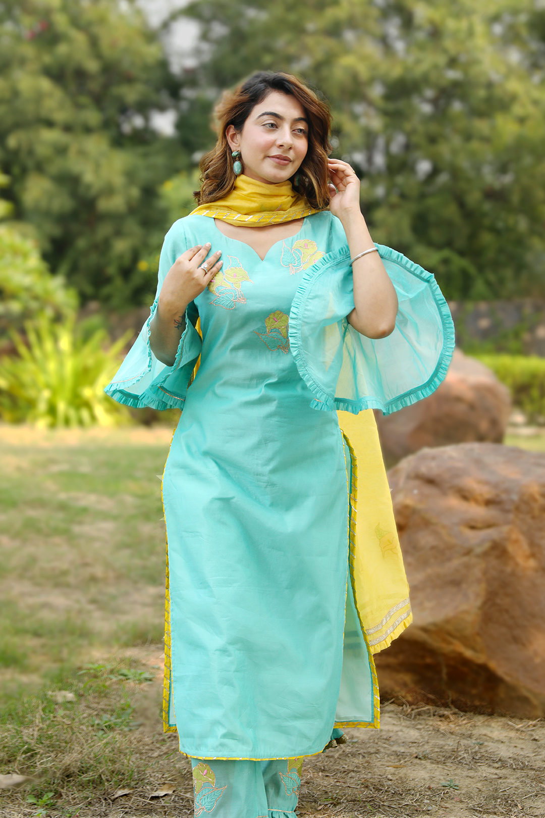Mint Green Embroidered Suit Set With Gold Dupatta - Indianvirasat