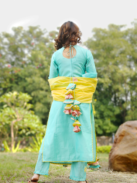 Mint Green Embroidered Suit Set With Gold Dupatta