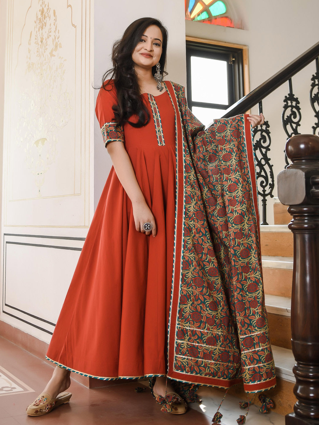 Red Hand-Block Printed Pakistani Suit with Gota Lace Work – Sukriti Store
