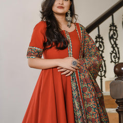 Garnet Suit With Bagh Print Dupatta Set