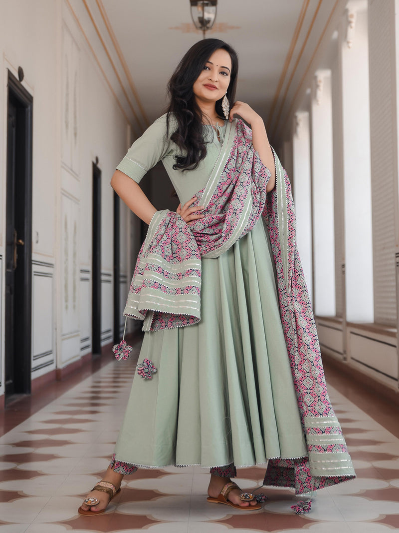 Pistachio Green Anarkali Bottom Set With Dupatta