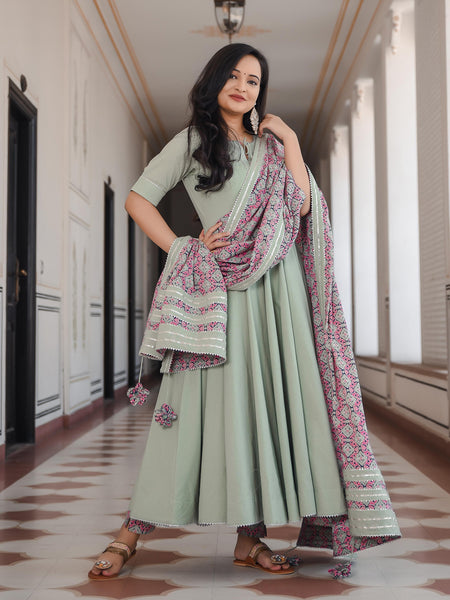 Pistachio Green Anarkali Bottom Set With Dupatta