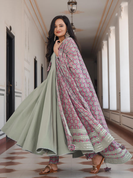 Pistachio Green Anarkali Bottom Set With Dupatta