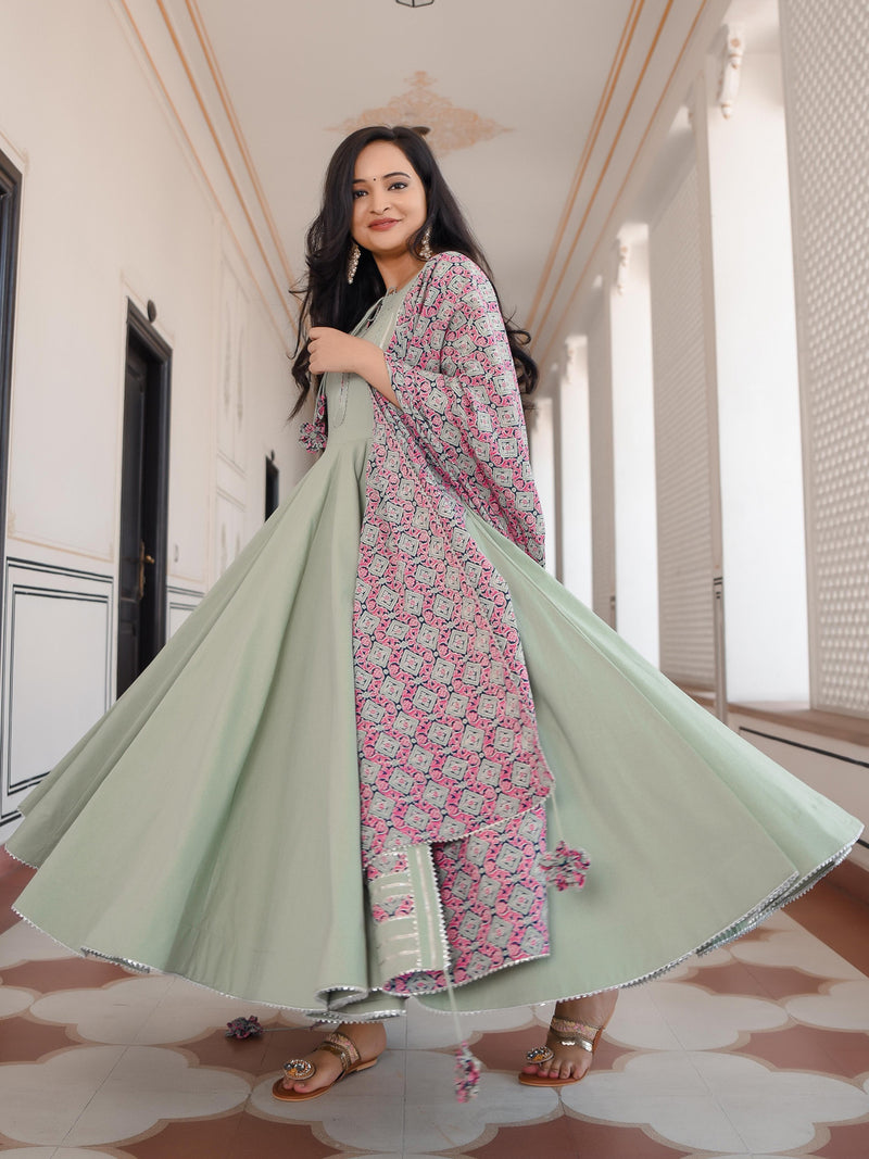 Pistachio Green Anarkali Bottom Set With Dupatta
