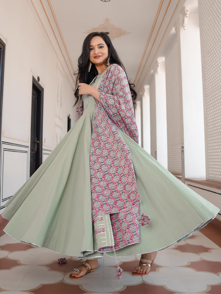 Pistachio Green Anarkali Bottom Set With Dupatta