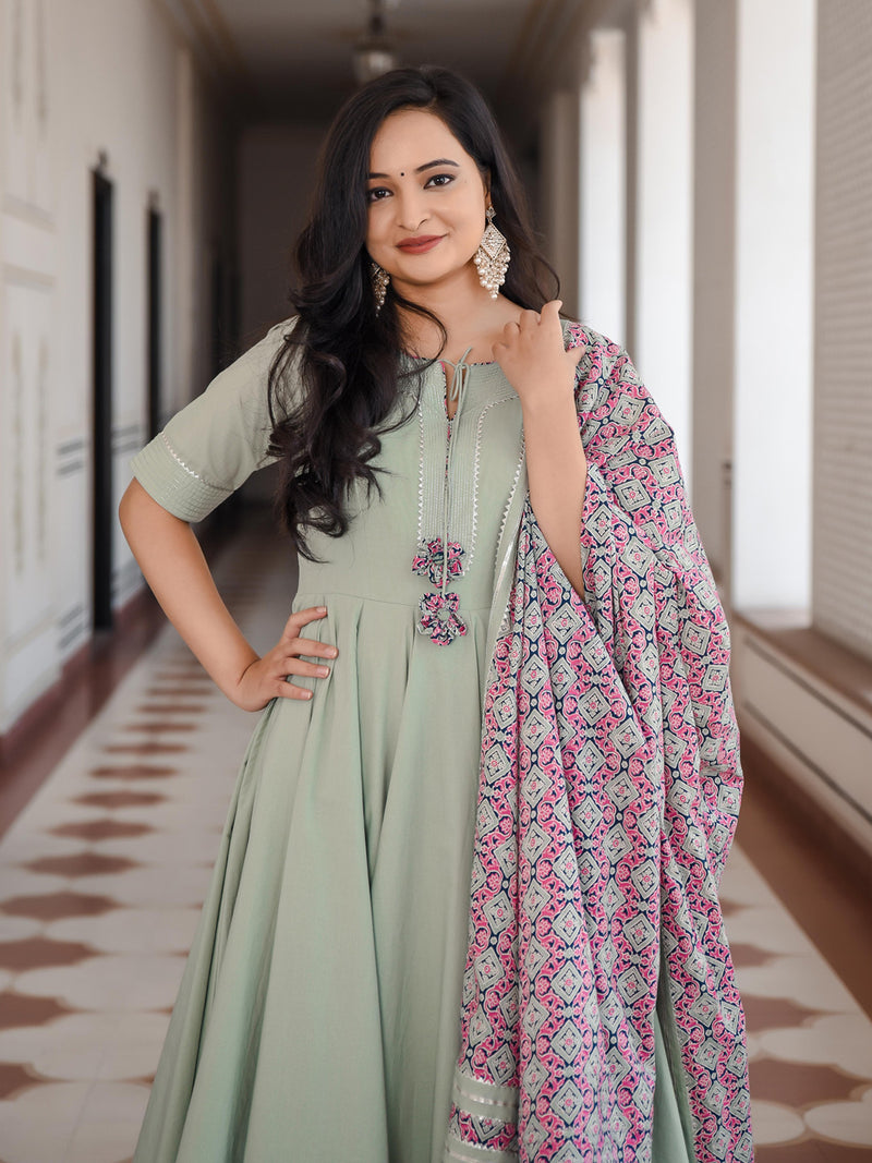 Pistachio Green Anarkali Bottom Set With Dupatta