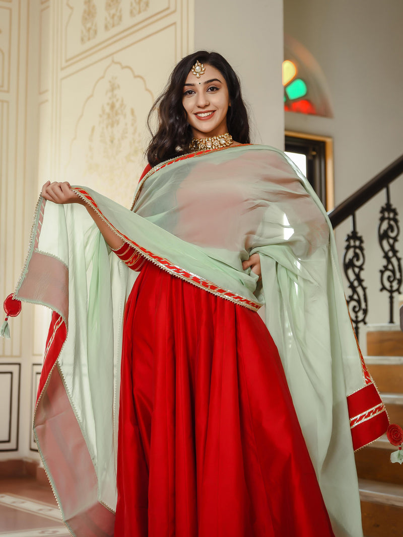 Crimson Red Chanderi Gown With Pista Green Dupatta