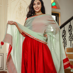Crimson Red Chanderi Gown With Pista Green Dupatta
