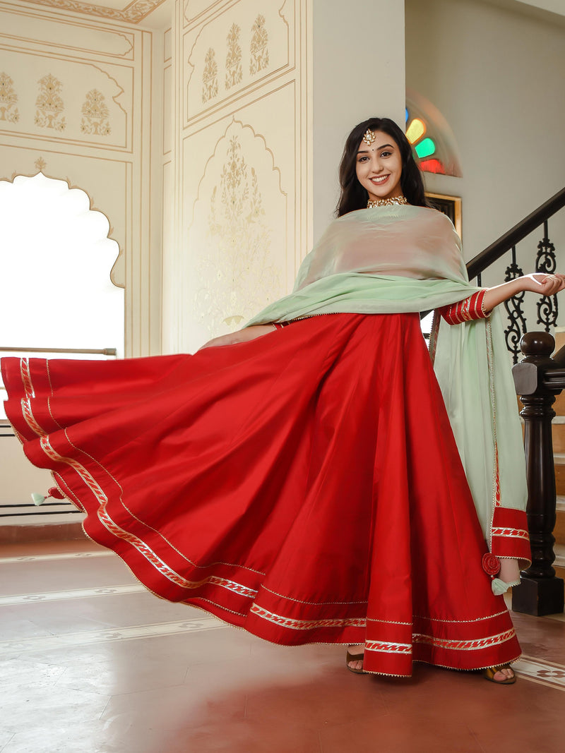 Crimson Red Chanderi Gown With Pista Green Dupatta