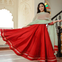 Crimson Red Chanderi Gown With Pista Green Dupatta