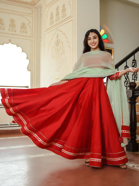 Crimson Red Chanderi Gown With Pista Green Dupatta