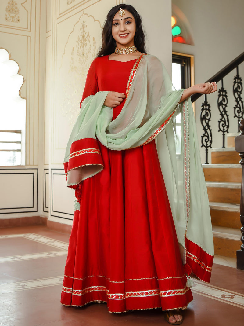Crimson Red Chanderi Gown With Pista Green Dupatta