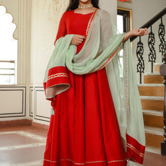 Crimson Red Chanderi Gown With Pista Green Dupatta