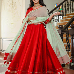 Crimson Red Chanderi Gown With Pista Green Dupatta