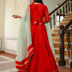 Crimson Red Chanderi Gown With Pista Green Dupatta