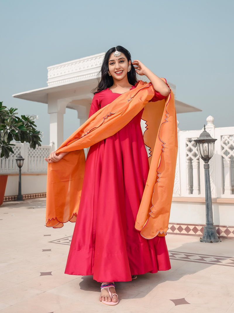 Hot Princess Pink dress with cut work dupatta