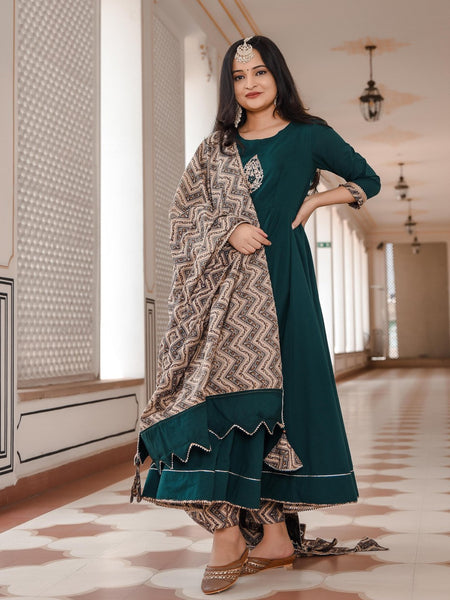 Munga Green Pittan work Anarkali Suit Set