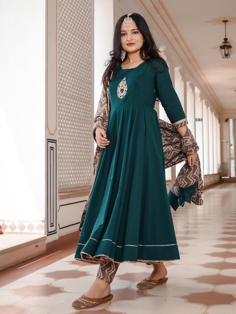Munga Green Pittan work Anarkali Suit Set