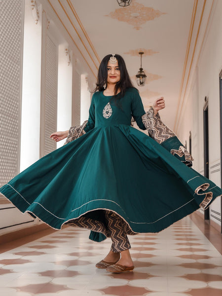 Munga Green Pittan work Anarkali Suit Set