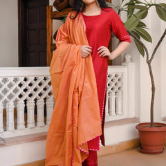 Rose Red Suit With Contrast Dupatta