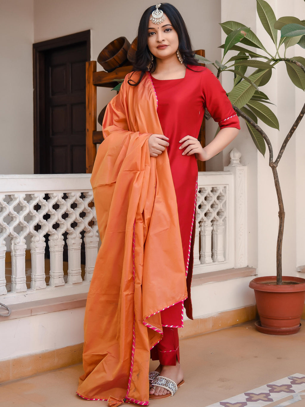 Rose Red Suit Set With Contrast Dupatta - Indianvirasat