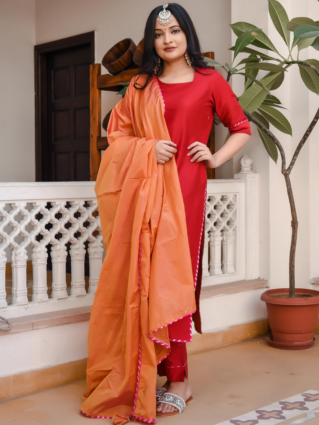 Rose Red Suit Set With Contrast Dupatta - Indianvirasat