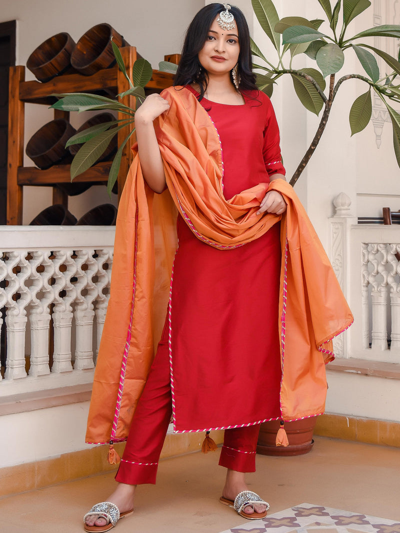 Rose Red Suit With Contrast Dupatta