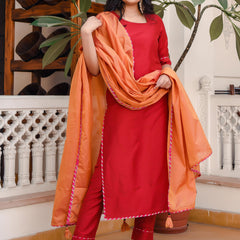 Rose Red Suit With Contrast Dupatta