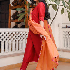 Rose Red Suit With Contrast Dupatta