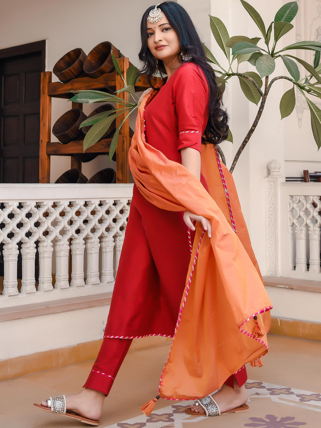 Rose Red Suit Set With Contrast Dupatta - Indianvirasat
