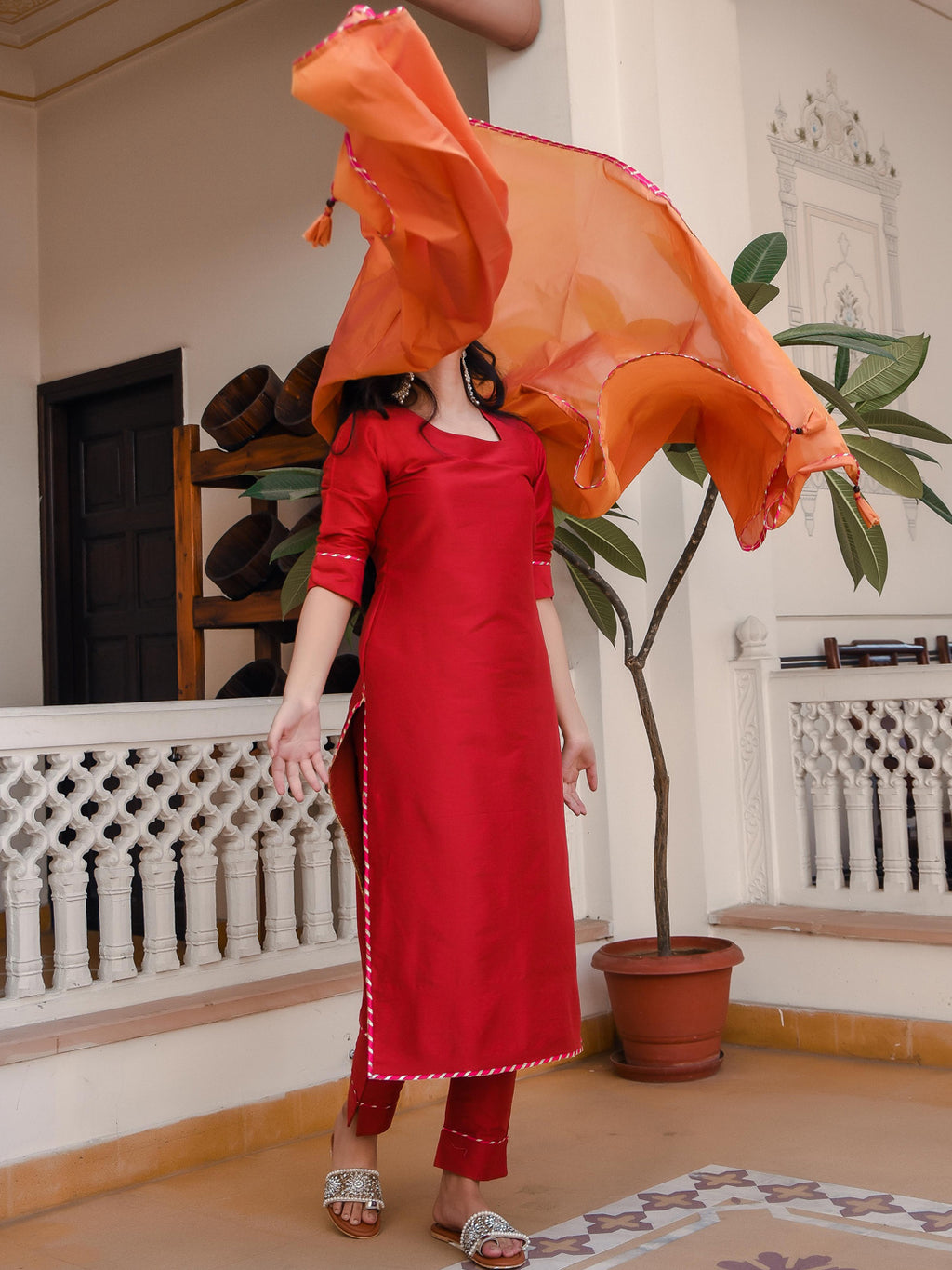 Rose Red Suit Set With Contrast Dupatta - Indianvirasat