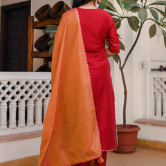 Rose Red Suit With Contrast Dupatta