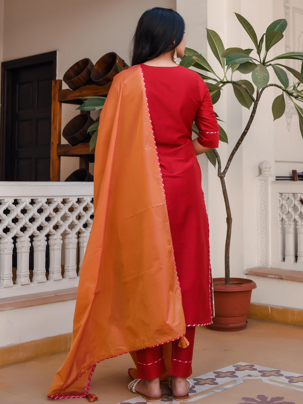 Rose Red Suit Set With Contrast Dupatta - Indianvirasat